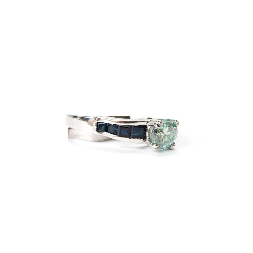 Designer Womens 18K White Gold Blue Moissanite + Sapphire Ring 8.6g